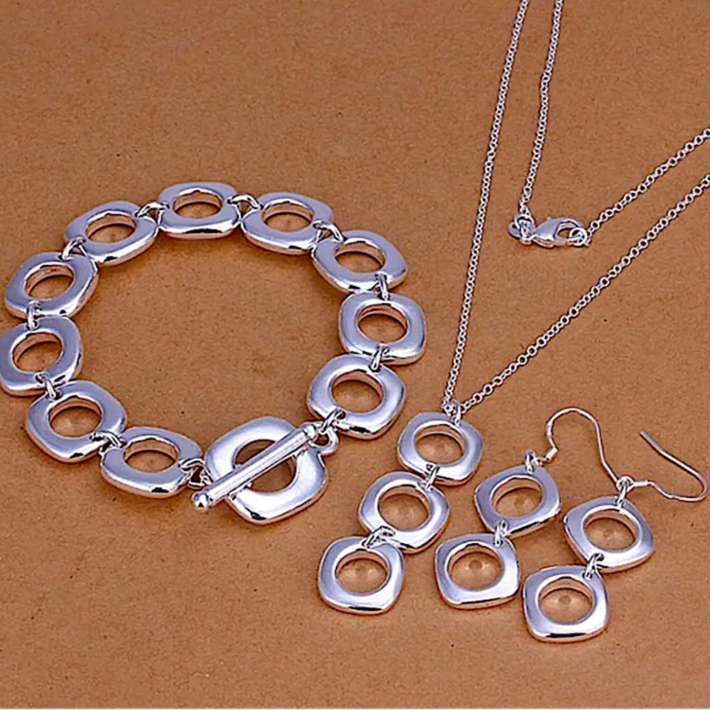 Sterling Silver O Link Bracelet Necklace Earrings Matching Set